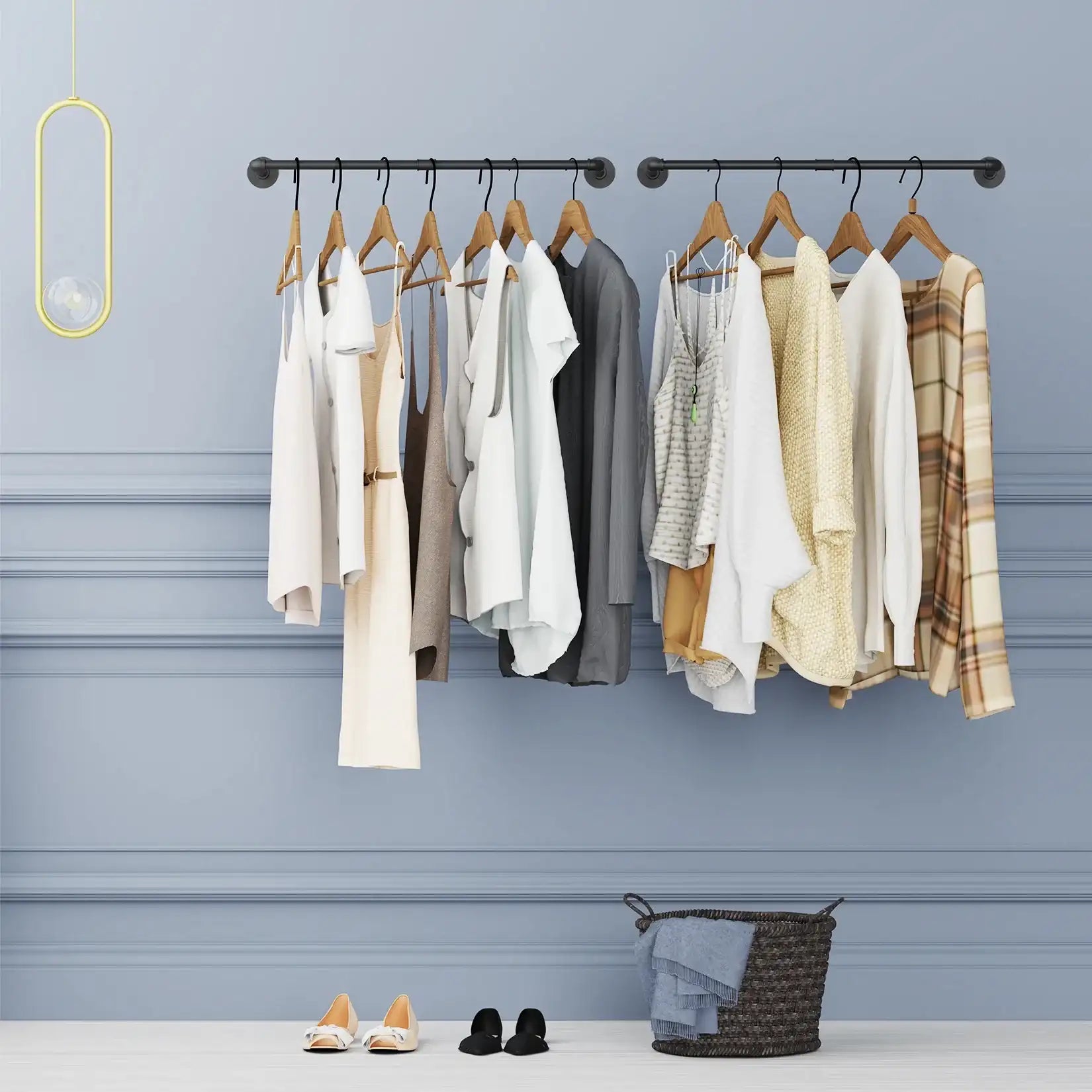 2-Pack Industrial Pipe Clothes Rail Rack – Wall-Mounted Garment Rods & Heavy-Duty Iron Closet Organizer for Hanging Clothes”