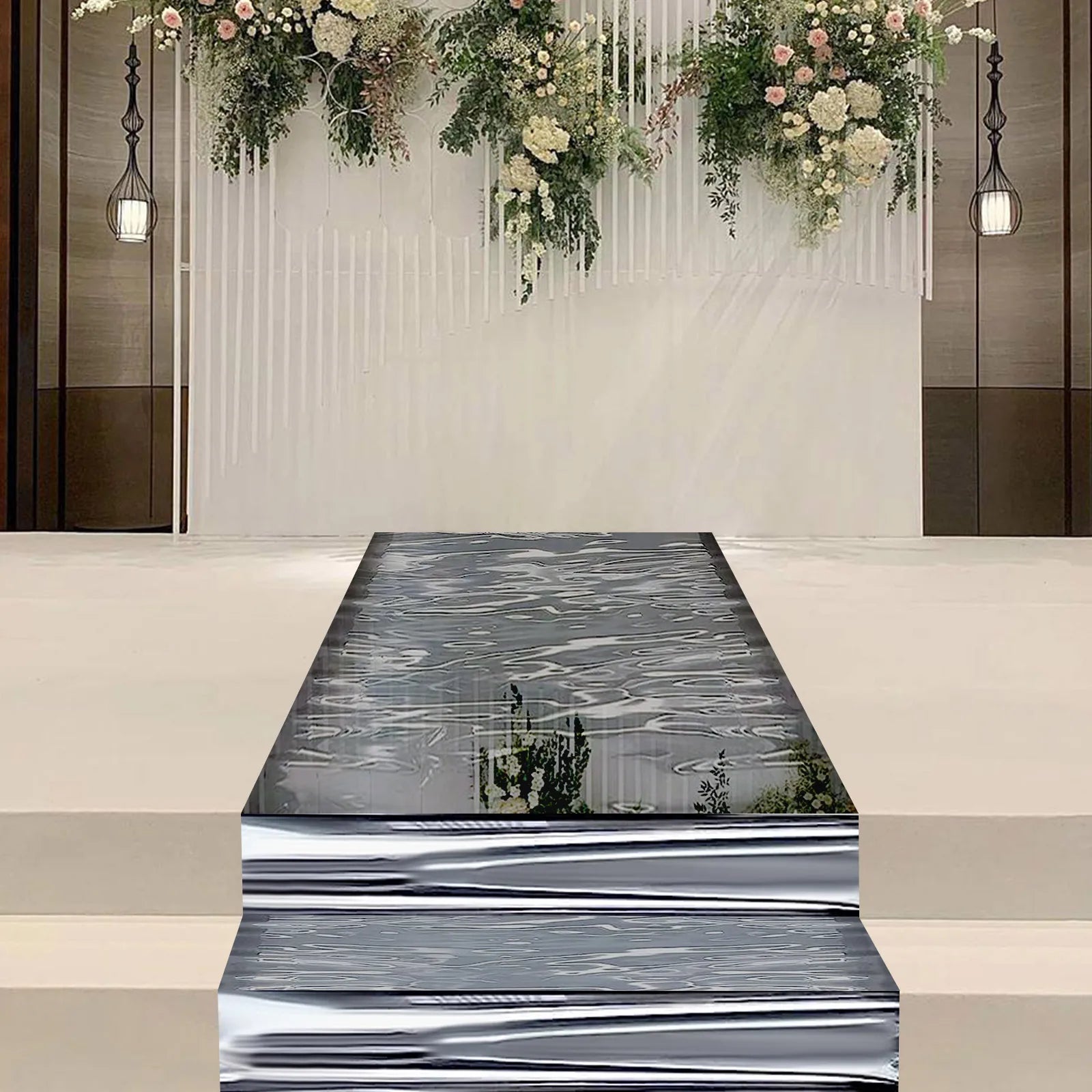 65.3FT Silver Mirror Aisle Runner – Double-Sided Reflective Wedding Carpet for Luxury Event Decorations