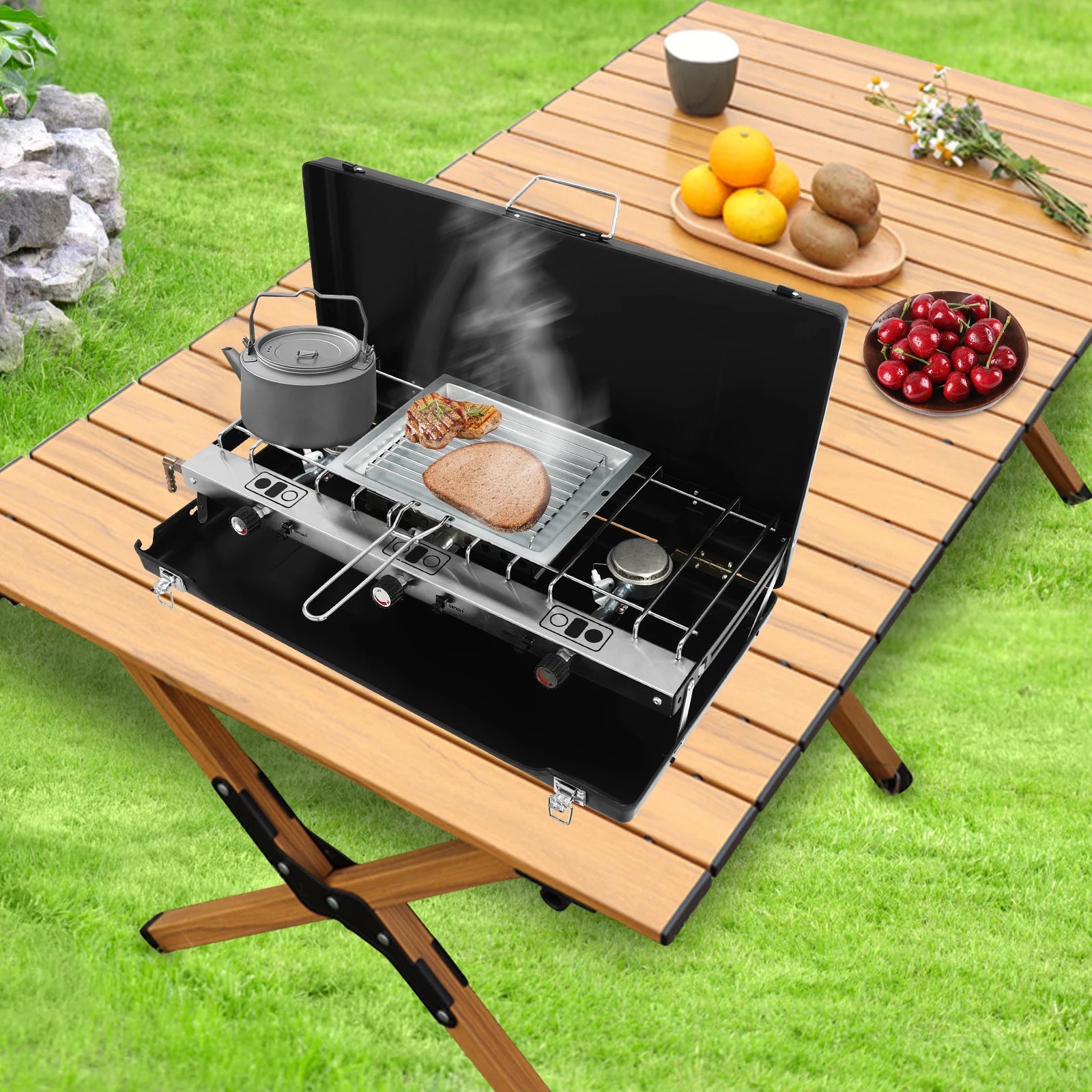 “Portable 3-Burner Camping Stove – Foldable Outdoor Gas Stove with Grid for BBQ & Cooking”