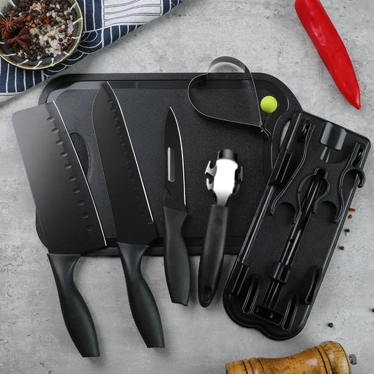 “Black Premium Kitchen Knife Set – Chef & Fruit & Cleaver + Cutting Board & Egg Mold”