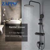 Zappo Matte Black 8-Inch Rainfall Shower Set – Wall-Mounted 3/4-Function System with ABS Shelf