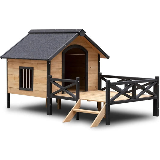 Wooden Large Dog House (43.3"L × 69.9"W × 32.7"H) – Extreme Outback Log Cabin Weatherproof Outdoor Kennel with Elevated Base