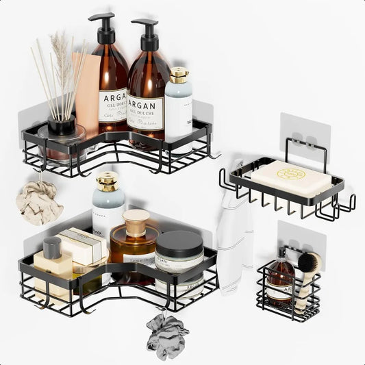4-Pack Black No-Drill Corner Shower Organizers – Wall-Mounted Shelves with Soap Caddy & Toothbrush Holder