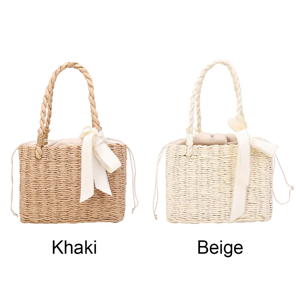 Women’s Handmade Straw Square Basket Tote – Vintage Summer Beach Woven Bag