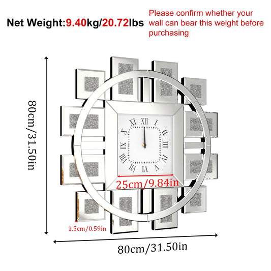 Irregular Large Diamond Mirrored Wall Clock – Luxury Sparkle Bling Quartz Clock with Roman Numerals for Living Room Décor