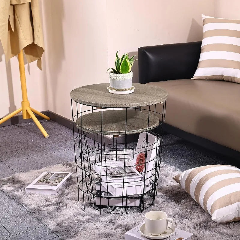 Set of 2 Wire Basket End Tables with Wood Tops – Modern Gray Side Tables for Living Room, Bedroom & Office