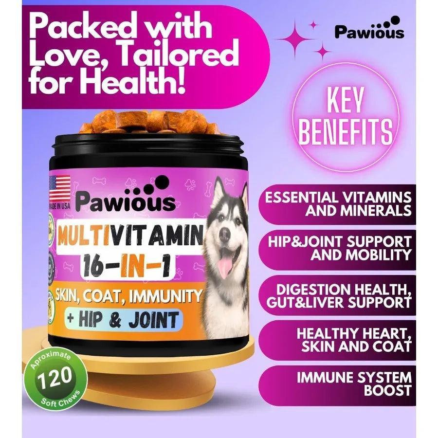 Dog Multivitamin Chewables – 16-in-1 Vitamins with Glucosamine for Hip & Joint, Senior Dogs & Puppies, Overall Health