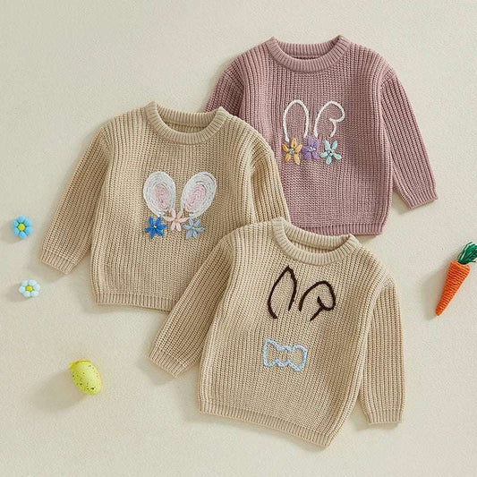Toddler Kids Bunny Embroidered Long-Sleeve Knit Sweater – Easter Casual Jumper for Girls & Boys