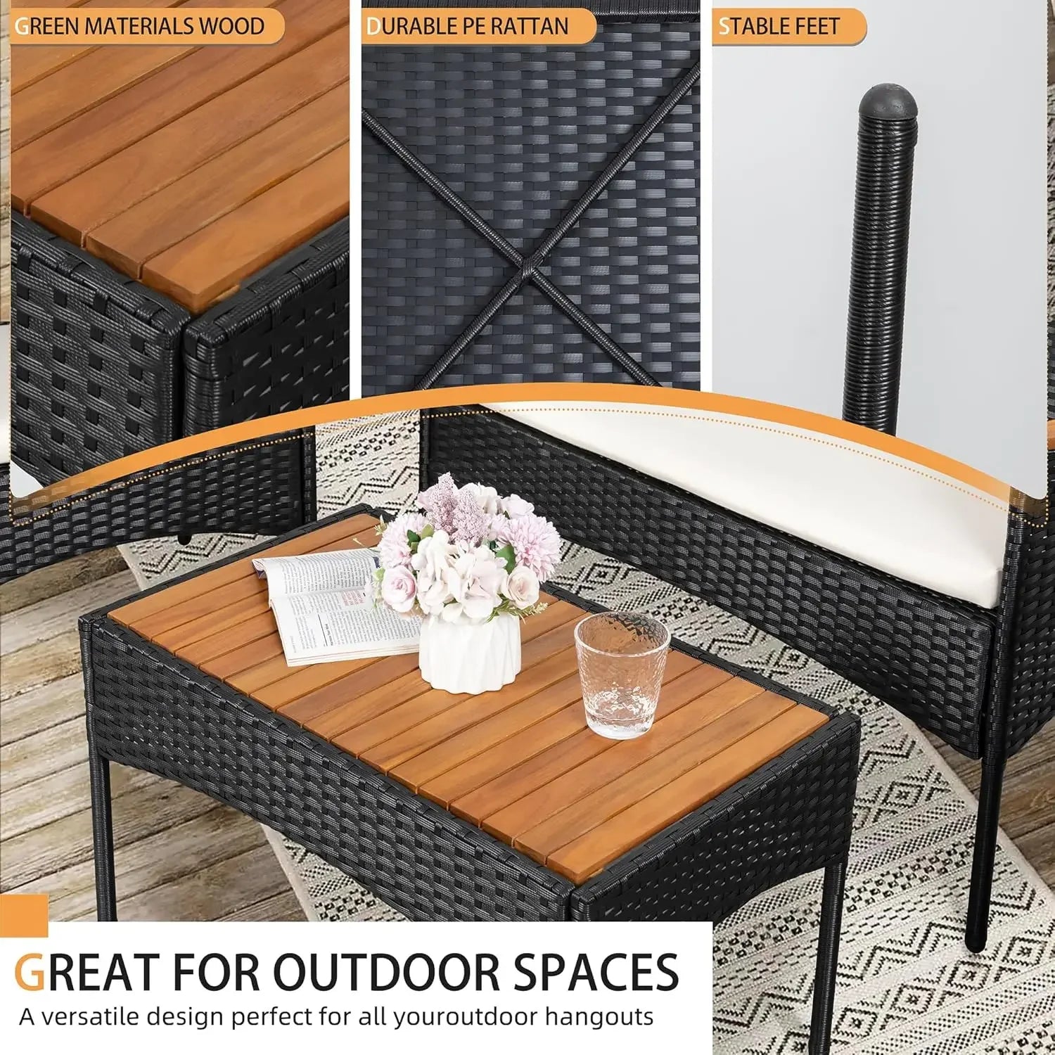 “4-Piece Outdoor Wicker Patio Furniture Set – Loveseat, 2 Chairs & Coffee Table with White Cushions for Lawn & Backyard”