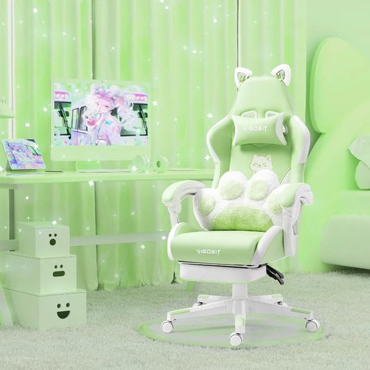 Gaming Chair with Cat Paw Lumbar Cushion & Cat Ears – Ergonomic Reclining PC Chair for Girls, Teens & Kids, Green