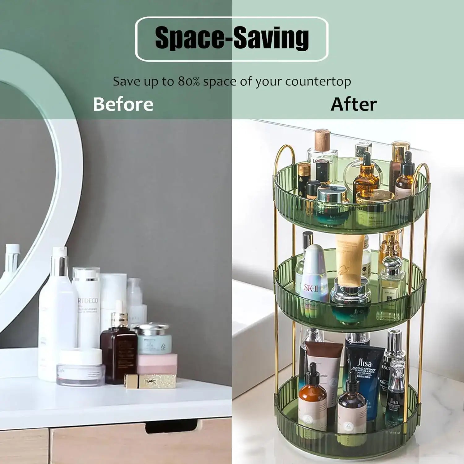 “3-Tier Rotating Makeup Organizer – High-Capacity Clear Skincare & Cosmetic Storage for Vanity and Countertops”