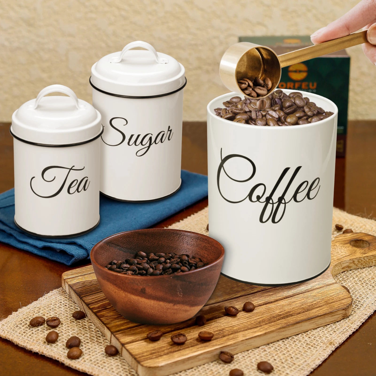 3-Piece Airtight White Vintage Kitchen Canister Set – Countertop Storage for Coffee, Tea & Sugar