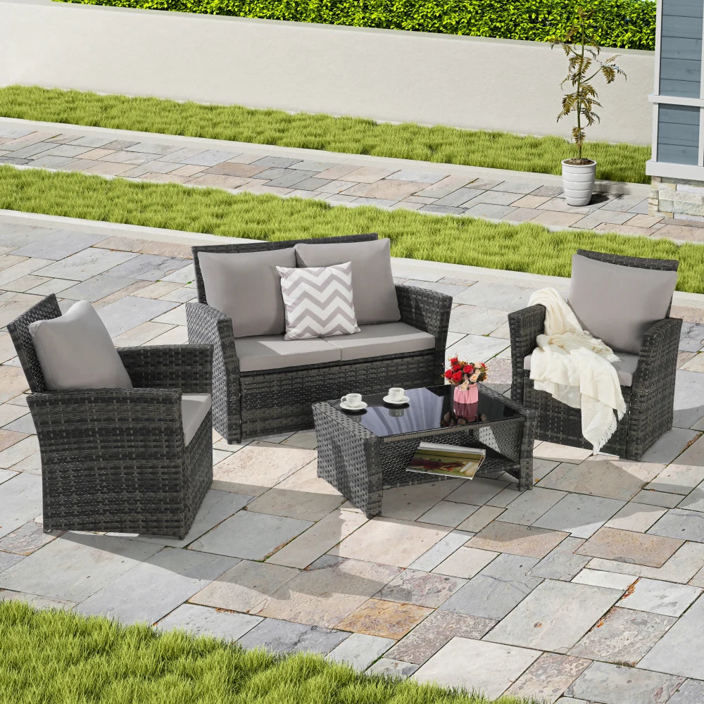 “4-Piece Outdoor Patio Furniture Set – Rattan Chairs with Sofa & Tempered Glass Coffee Table”