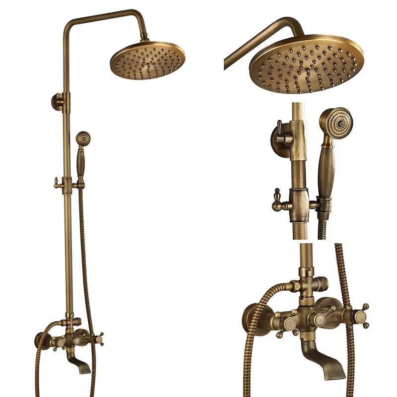 Antique Brass Shower Faucet Set – Wall-Mounted Rainfall Head with Dual Handles Hot & Cold Mixer Tap