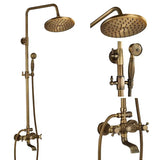 Antique Brass Shower Faucet Set – Wall-Mounted Rainfall Head with Dual Handles Hot & Cold Mixer Tap