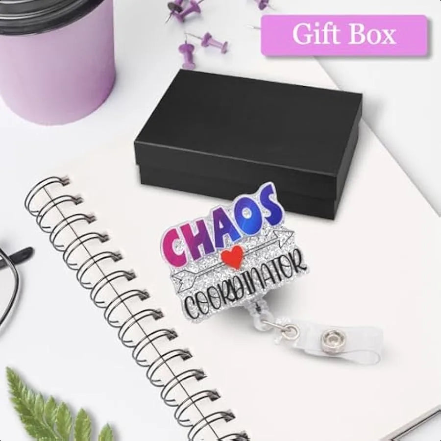 ✨ Funny “Chaos Coordinator” Badge Reel – Silver Glitter Retractable ID Holder with Clip for Nurses, Doctors & Office Staff