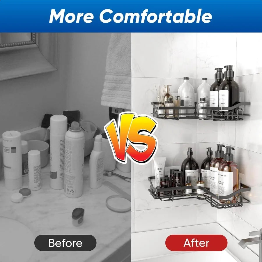 Black Stainless Steel Adhesive Corner Shower Caddy – Rustproof No-Drill Wall Mounted Shelf
