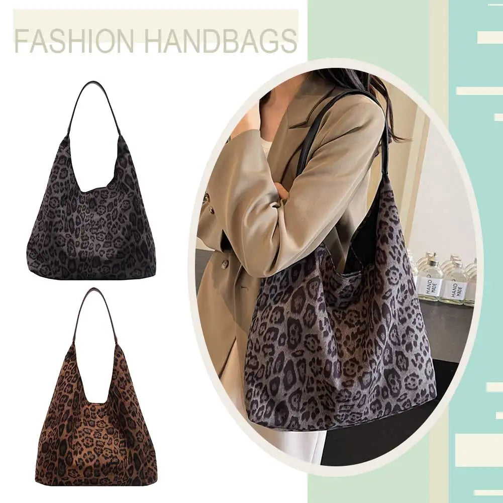 Women’s Suede Shoulder Bag with Magnetic Closure – Leopard Print Hobo Satchel