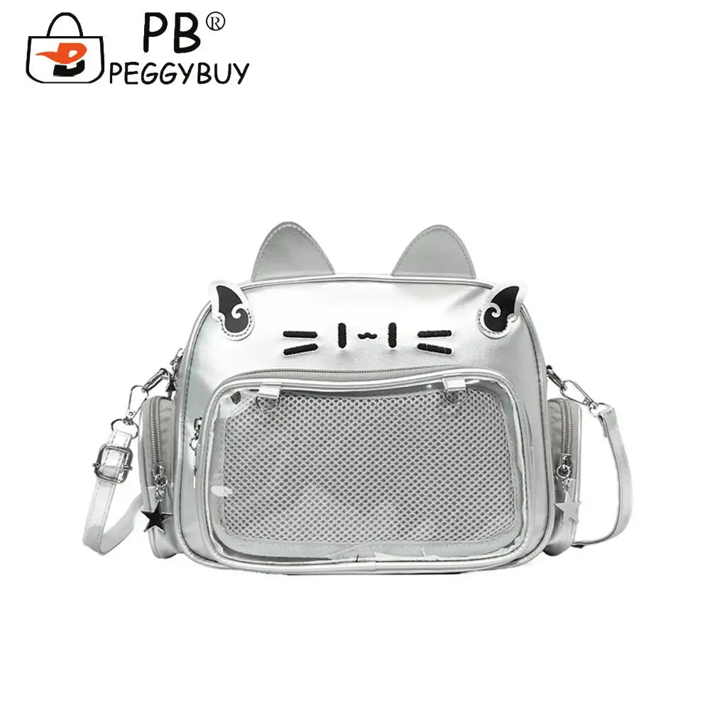Cute Cat PU Crossbody Bag — Adjustable Strap Shoulder Purse with Clear Pocket for Women & Girls