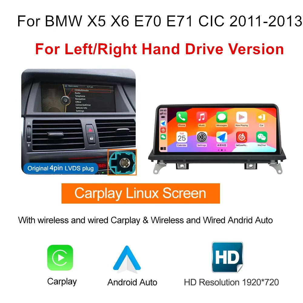 Autotop wireless CarPlay & Android Auto multimedia unit – BMW X5/X6 E70 E71 2007–2013 CCC/CIC system head unit with BT & display
