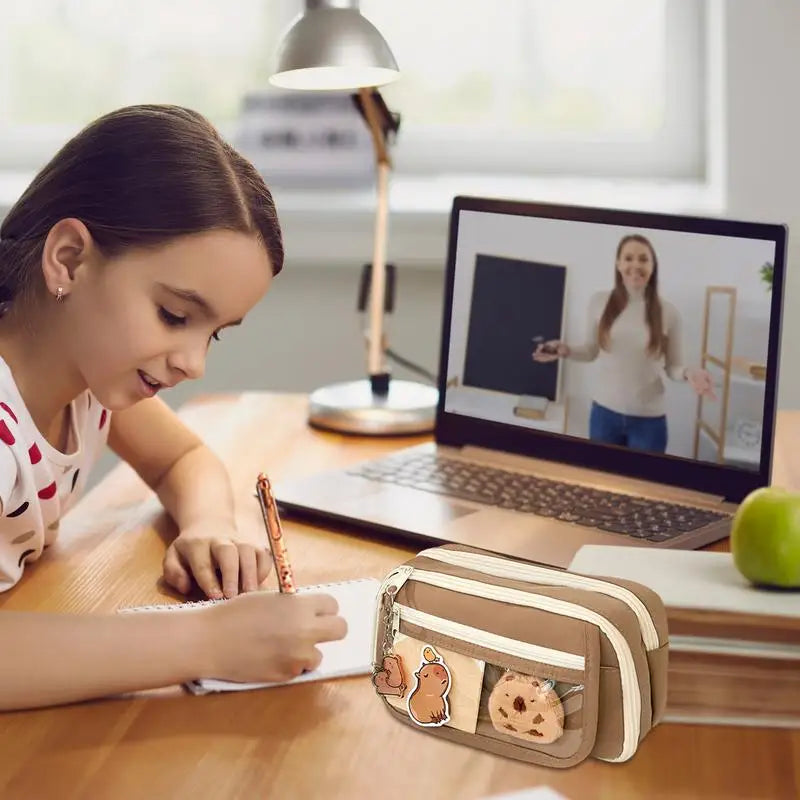 Large Capacity Pencil Case with Flip Cover – Capybara Stationery Storage Bag for School & Office Supplies 🐾