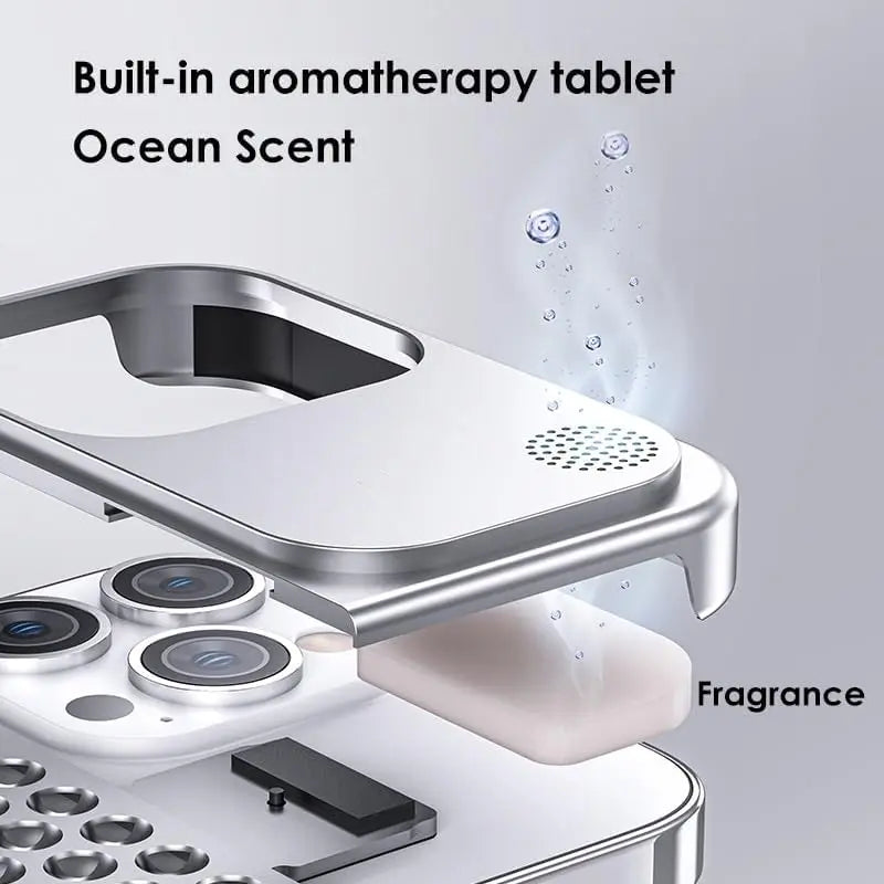 Aluminum Alloy Cooling Hollow Metal Case – Aromatherapy Shockproof Rimless Cover for iPhone 12/13/14/15 Pro Max & Plus