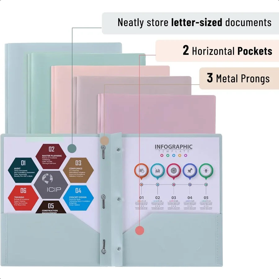 Plastic Folders with Pockets & Prongs – 5-Pack Muted Pastel Colors, Letter Size (8.5" x 11") 🗂️