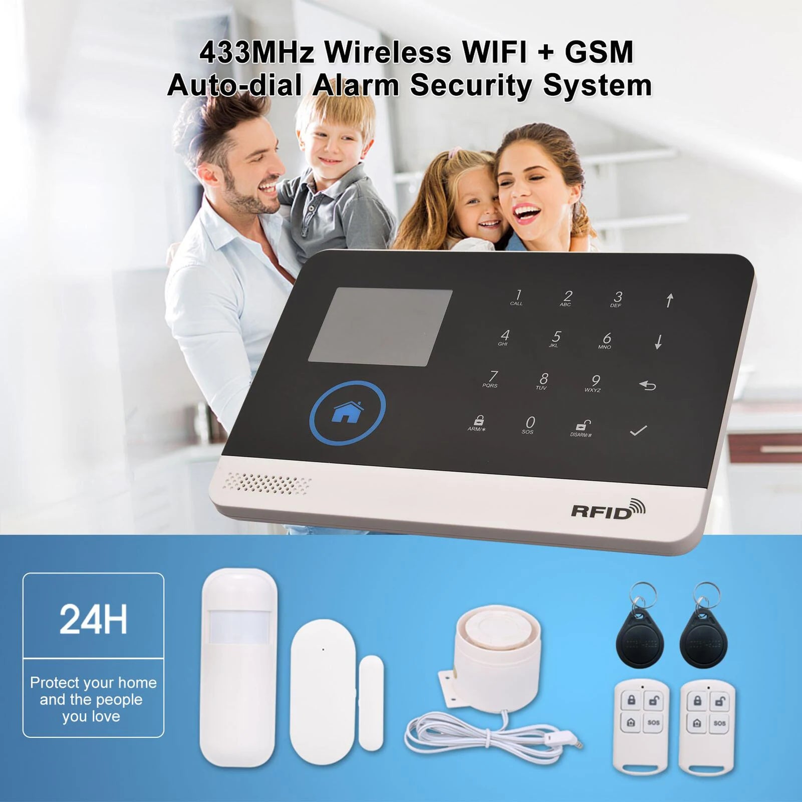 433MHz Wireless WiFi GSM Auto-Dial Alarm System – LCD Display with PIR Motion Sensor, Door Sensor & Remote App Control