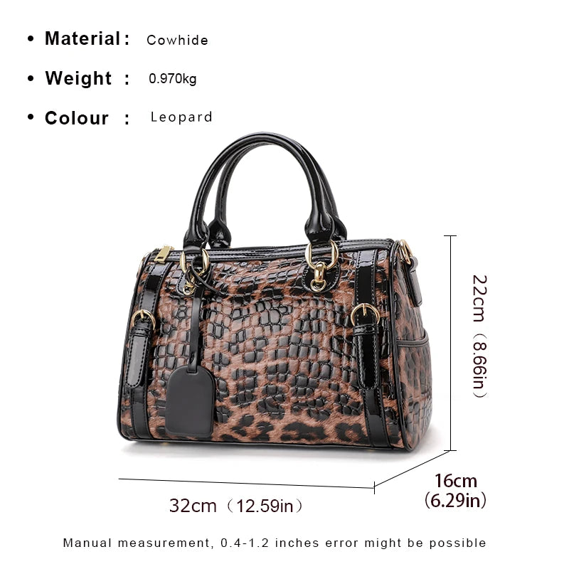 Luxury Leopard Print Cowhide Handbag for Women – Large Capacity Shoulder Bag