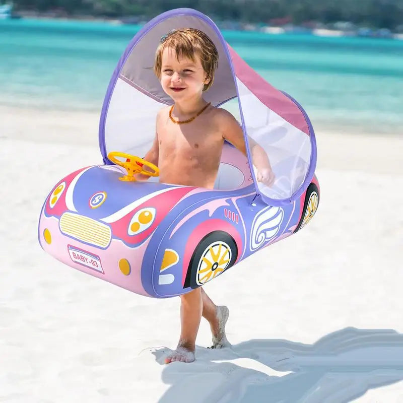 Baby Swim Float for 1-Year-Old – Sports Car Shape Inflatable Ring with Steering Wheel & Sunshade