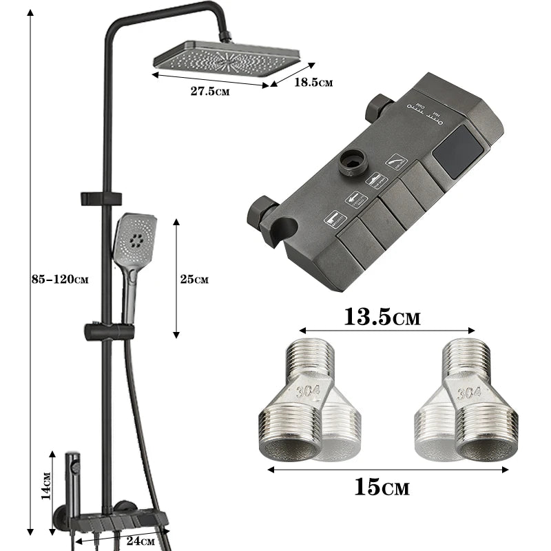 Grey Smart Digital Display Shower Faucet Set – Piano-Style Rainfall Bathroom System