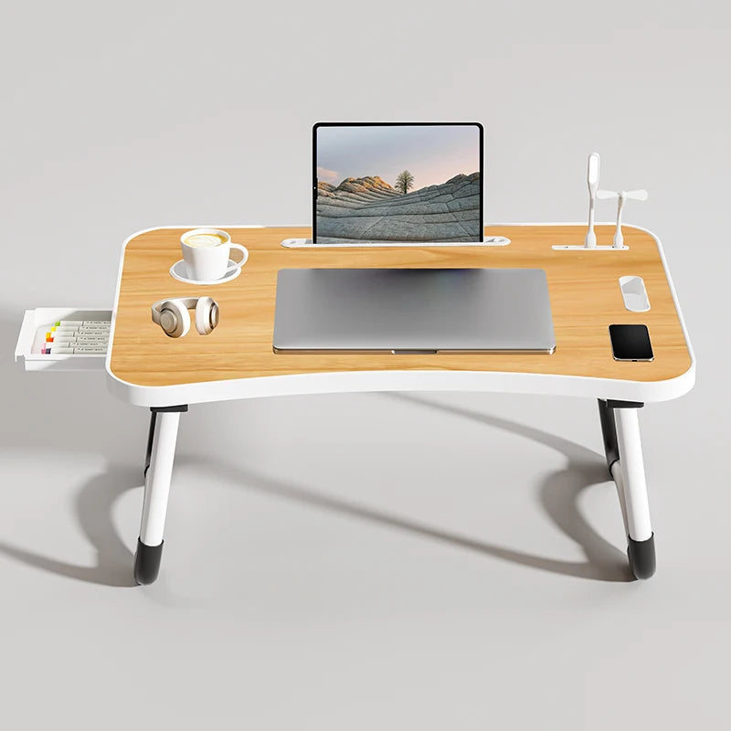 Portable Laptop Desk 💻 – USB Light, Small Fan, Cup Holder, Tablet Slot & Handle – Foldable Laptop Table