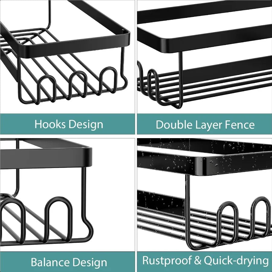 Corner Shower Caddy 3-Pack Adhesive – Stainless Steel Corner Shelf + Soap Holder & Hooks
