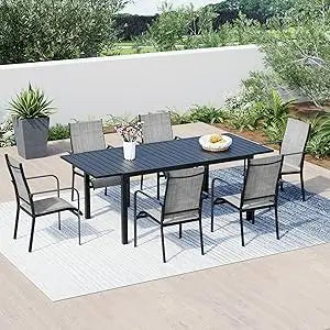 “7-Piece All-Weather Rattan Patio Dining Set – 60” Wood-Top Table with Umbrella Hole & 6 Cushioned Chairs for Outdoor Garden & Backyard”