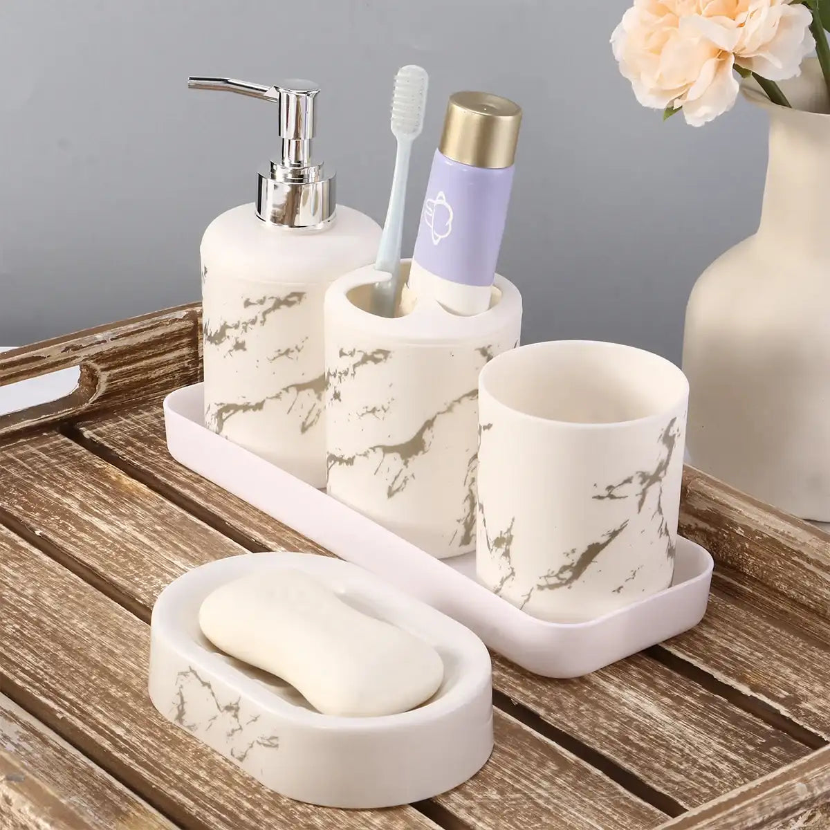 7-Piece White Marble Bathroom Accessory Wash Set – Soap Dispenser, Tray & Cotton Swab Box