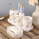 7-Piece White Marble Bathroom Accessory Wash Set – Soap Dispenser, Tray & Cotton Swab Box