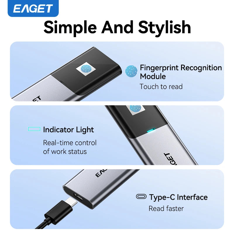 EAGET Fingerprint Encrypted Portable SSD 1TB/2TB – USB 3.2 Type-C Solid State Drive for PS5, PS4, Laptop & MacBook