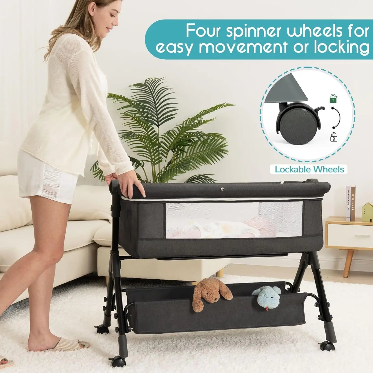 Chicco Next2Me Essential Bedside Crib – 3-in-1 Baby Bassinet, Bedside Sleeper & Crib with Wheels, Storage Basket & Adjustable Height