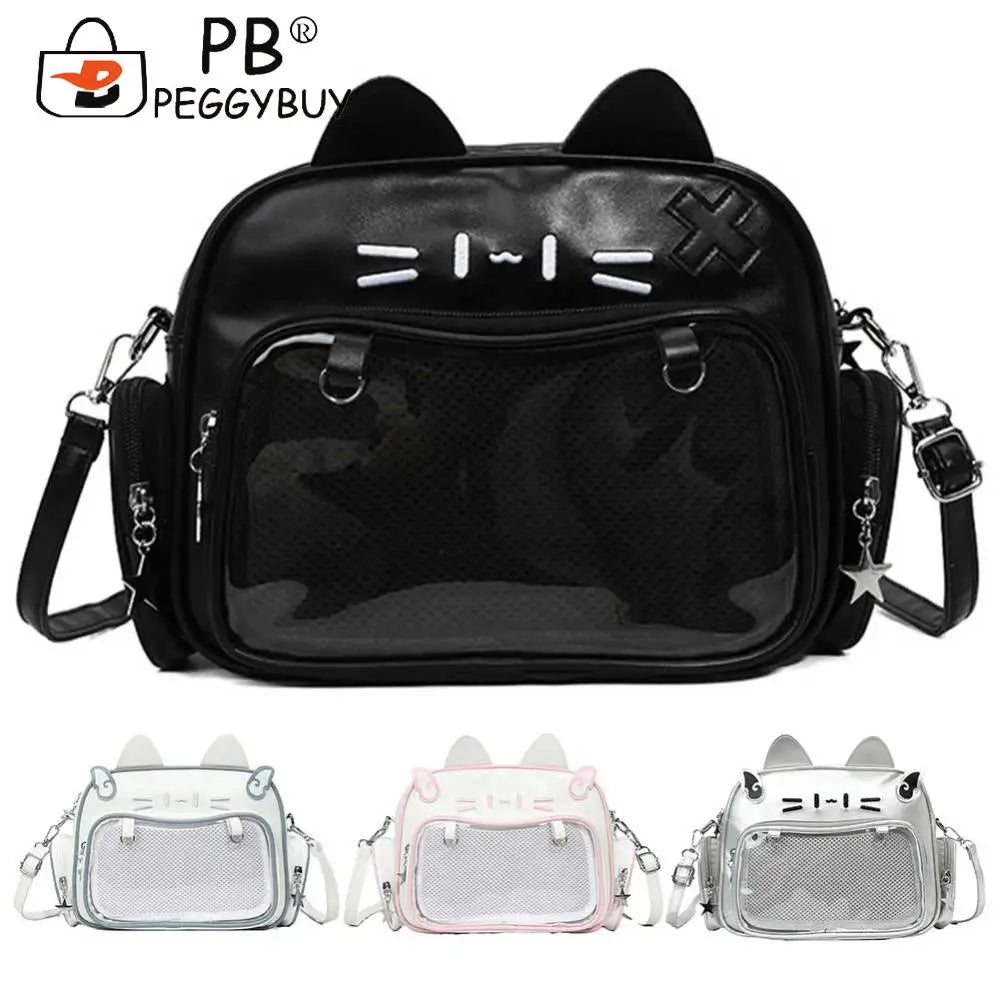 Cute Cat PU Crossbody Bag — Adjustable Strap Shoulder Purse with Clear Pocket for Women & Girls