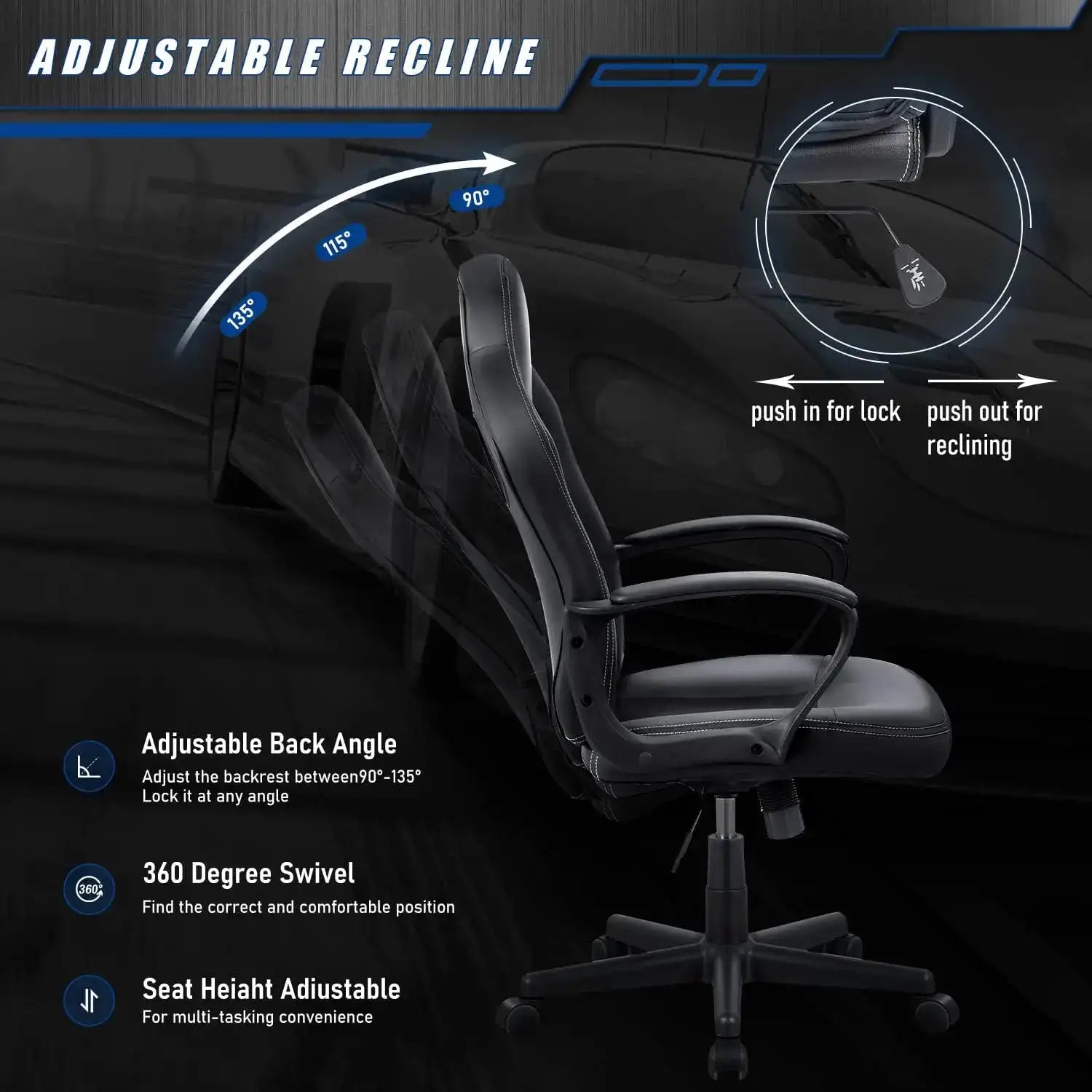 High-Back Leather Gaming Chair – 300 lbs Swivel Task Chair with Arms