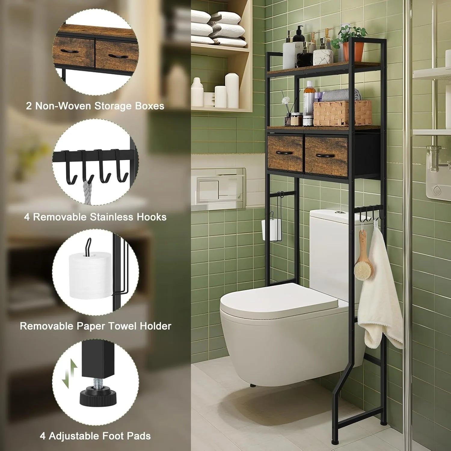 Over-Toilet Storage Cabinet with Fabric Drawers – Space-Saving Freestanding Organizer, Rustic Brown