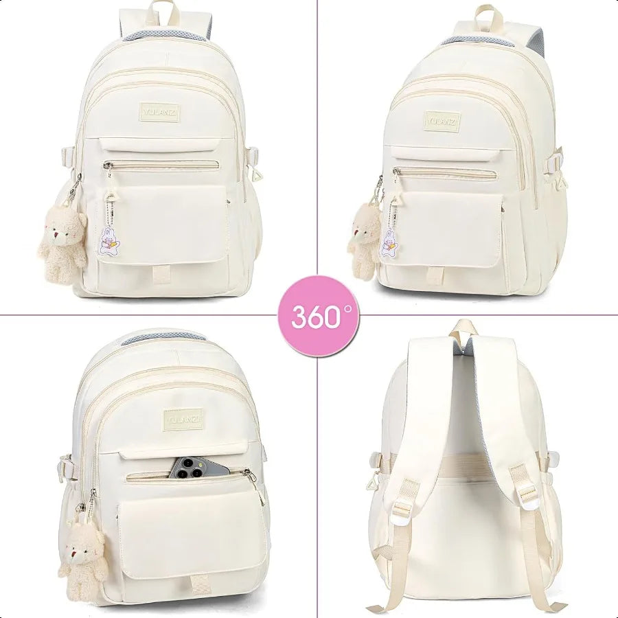 Girls Aesthetic Backpack for School & College – Cute Beige Bookbag with Accessories