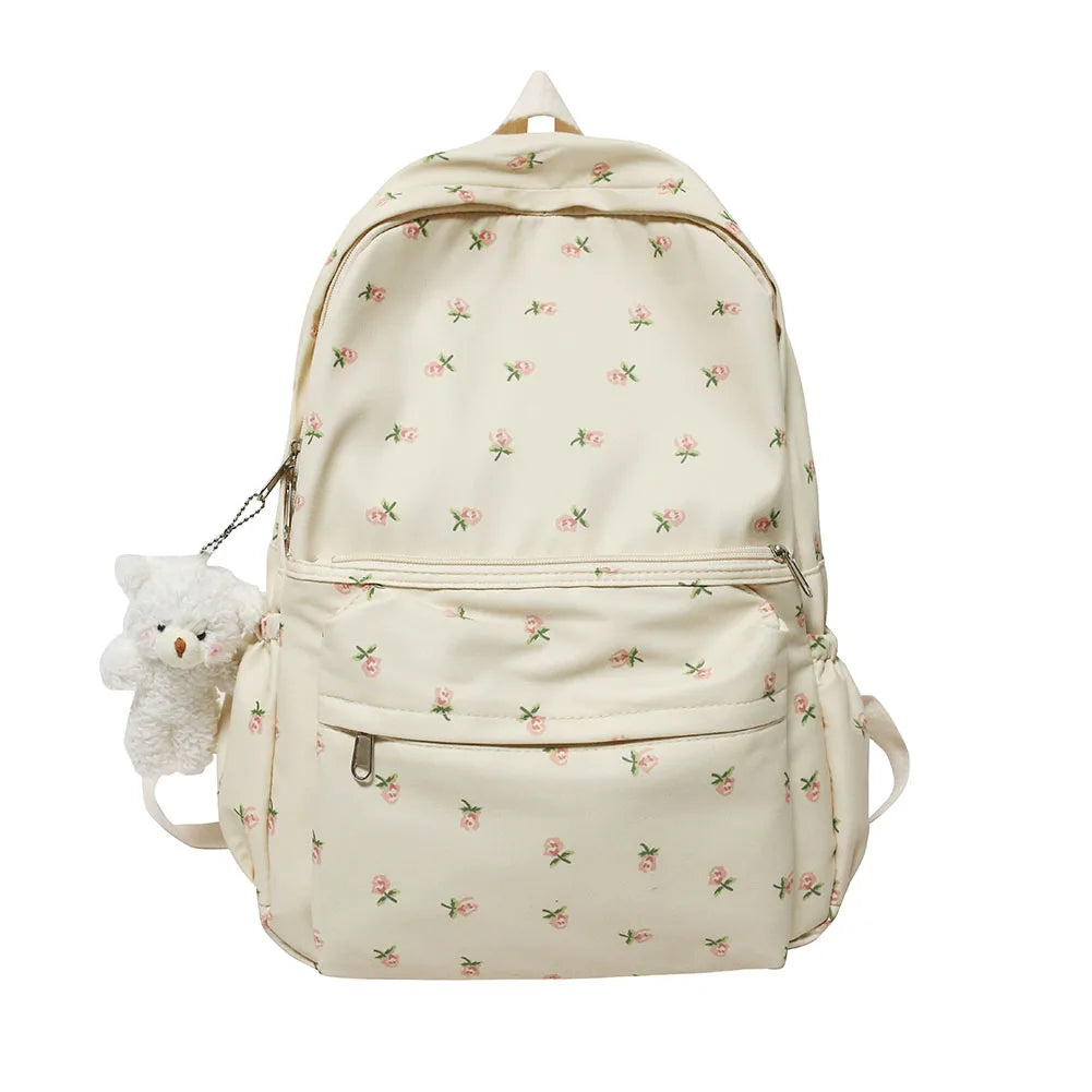 Floral Prints Girls’ College Backpack — Large-Capacity Aesthetic School Bookbag with Pendant