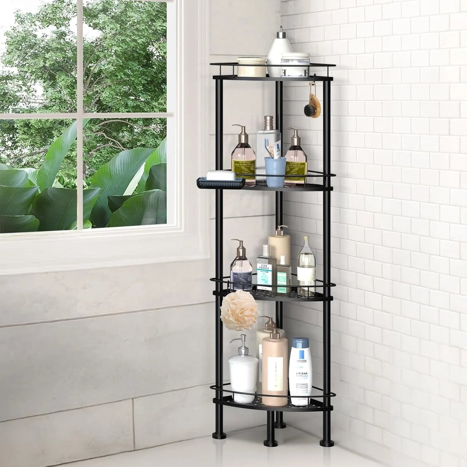 4-Tier Rustproof Corner Shower Rack with 4 Hooks – Black Metal Stand for Bathroom Storage