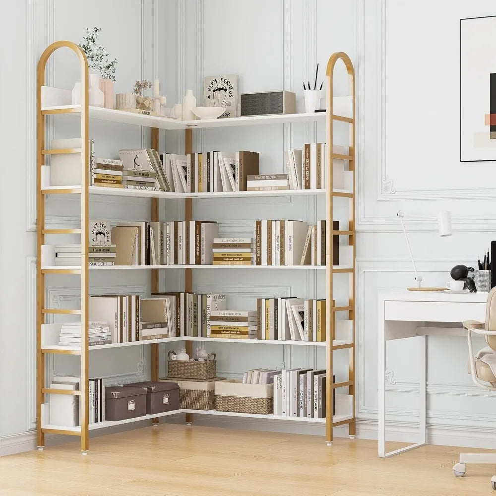 5-Tier L-Shaped Corner Bookcase – White & Gold Modern Display Shelf with Adjustable Feet & Anti-Tip Design