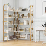 5-Tier L-Shaped Corner Bookcase – White & Gold Modern Display Shelf with Adjustable Feet & Anti-Tip Design