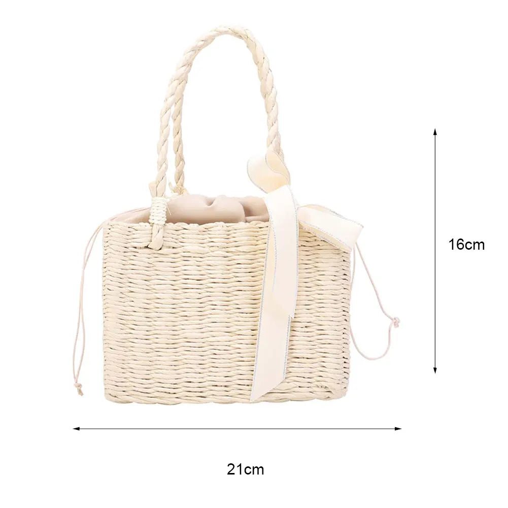 Women’s Handmade Straw Square Basket Tote – Vintage Summer Beach Woven Bag