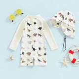 Lioraitiin Baby Boy Swimwear Set – Whale Print Long Sleeve Rash Guard Swimsuit with Matching Sun Hat, Toddler Bathing Outfit