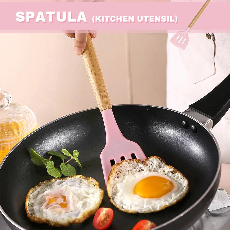 12-Piece Silicone Cooking Utensils Set with Wooden Handles – Non-Stick Spatulas, Spoons & Ladles