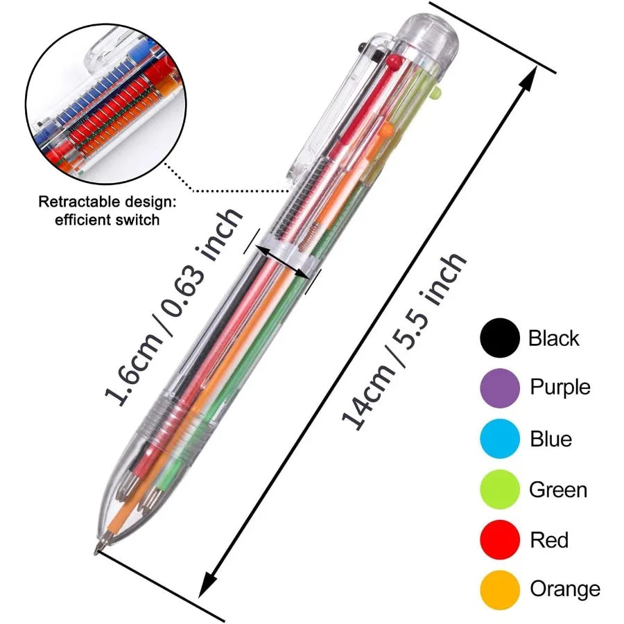 6-in-1 Multicolor Ballpoint Pens – 0.5 mm Retractable Pens with 6 Colors, Transparent Barrel (6-Pack)